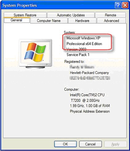 Тип ОС в Windows XP