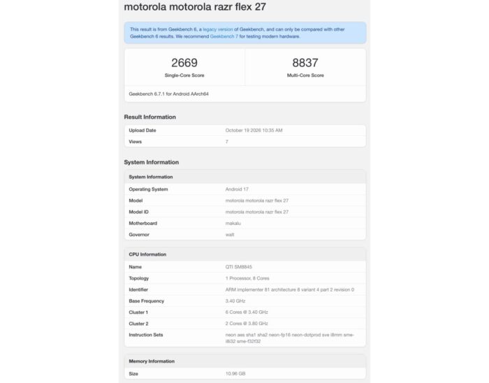 Складной Motorola Razr Flex появился в Geekbench — раскрыты процессор Snapdragon 8 Gen 5 и характеристики